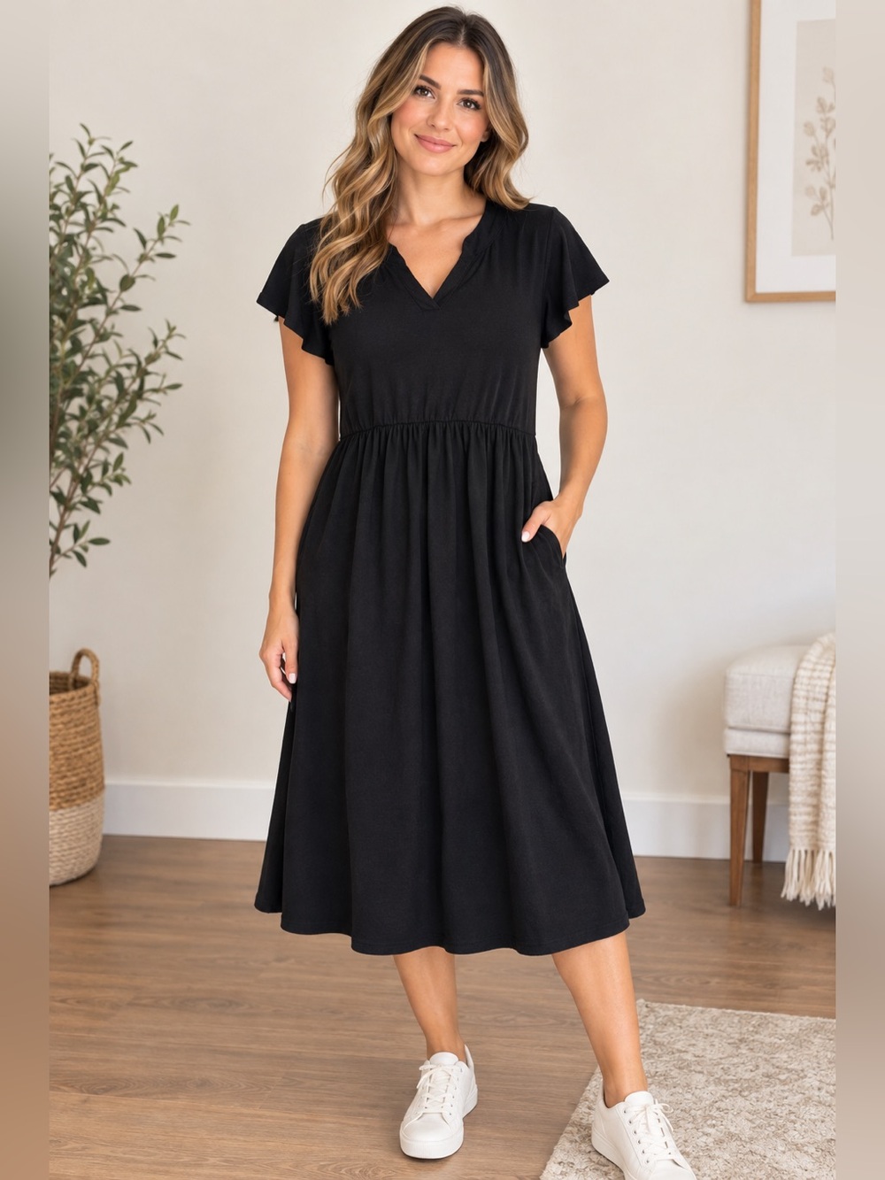 Women's Black V-Neck Midi Dress with Flutter Sleeves